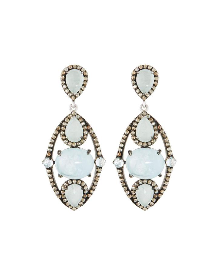 Silver Drop Earrings With Champagne Rose-cut Diamonds & Aquamarine