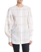 Button-front Plaid Cotton Shirt With Detachable Puffy