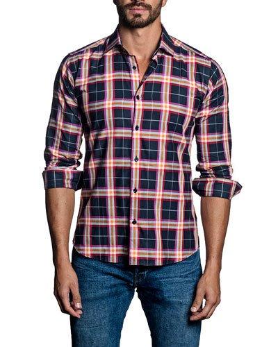 Large-plaid Sport Shirt, Blue/orange