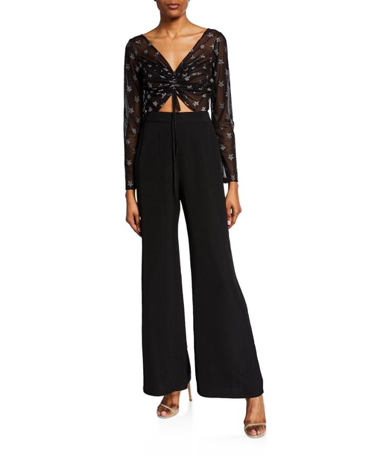 Metallic Star V-neck Long-sleeve Cutout Mesh/crepe Jumpsuit