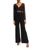 Metallic Star V-neck Long-sleeve Cutout Mesh/crepe Jumpsuit