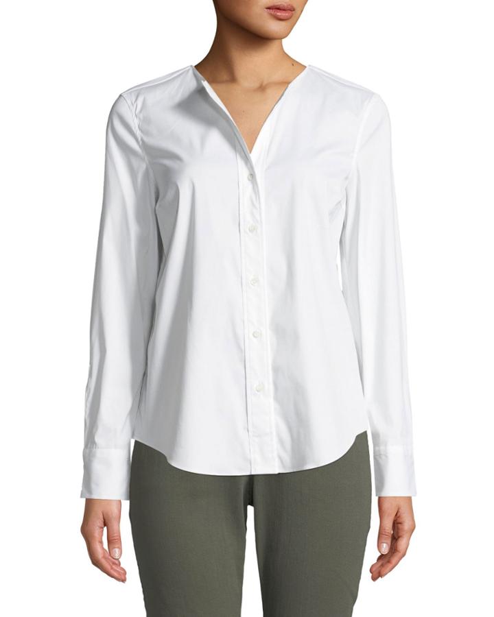 Collarless Button-front Poplin Blouse