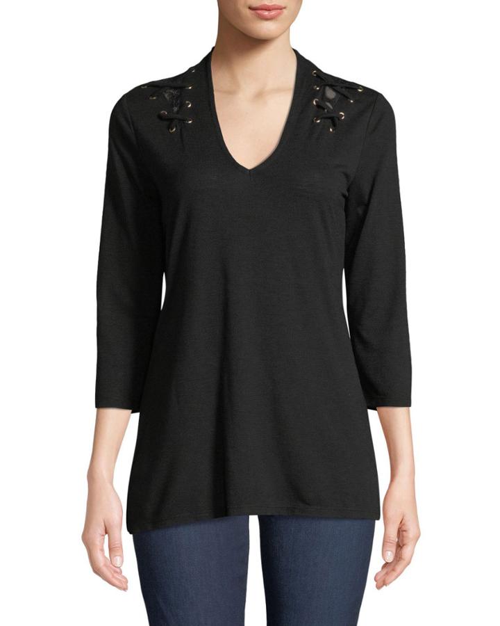 Lace-up-shoulder 3/4-sleeve Blouse