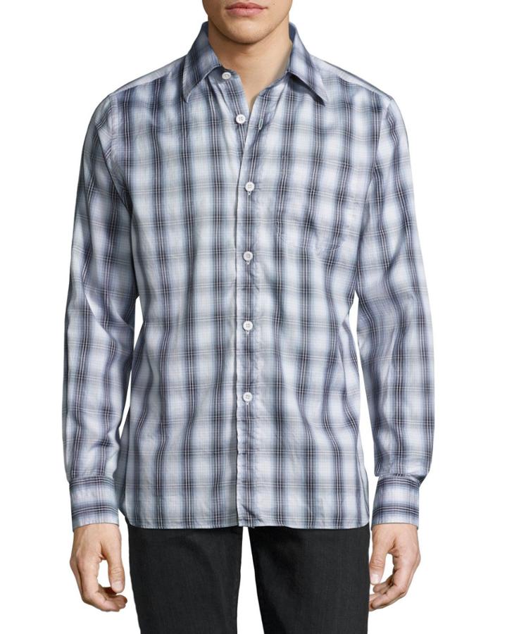 Plaid Cotton Sport Shirt, Gray/blue