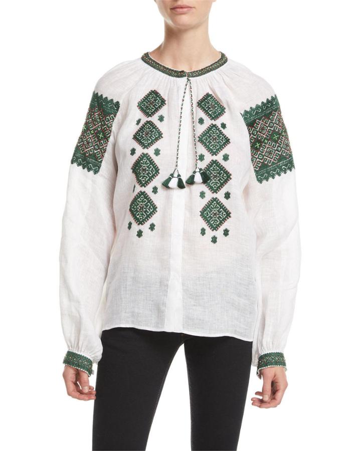 Mirror Beaded Embroidered Linen Peasant Blouse