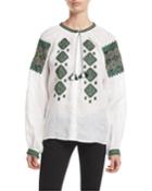 Mirror Beaded Embroidered Linen Peasant Blouse