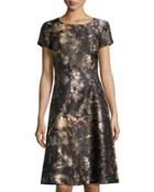 Cory Watercolor-print A-line Dress, Chestnut