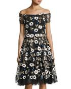 Off-the-shoulder Floral-embroidered Dress, Black