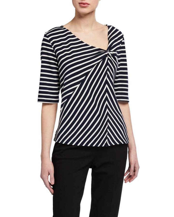3/4-sleeve Striped Tee W Neck Twist