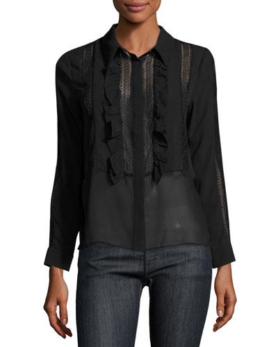 Ruffle-front Long-sleeve Blouse, Black