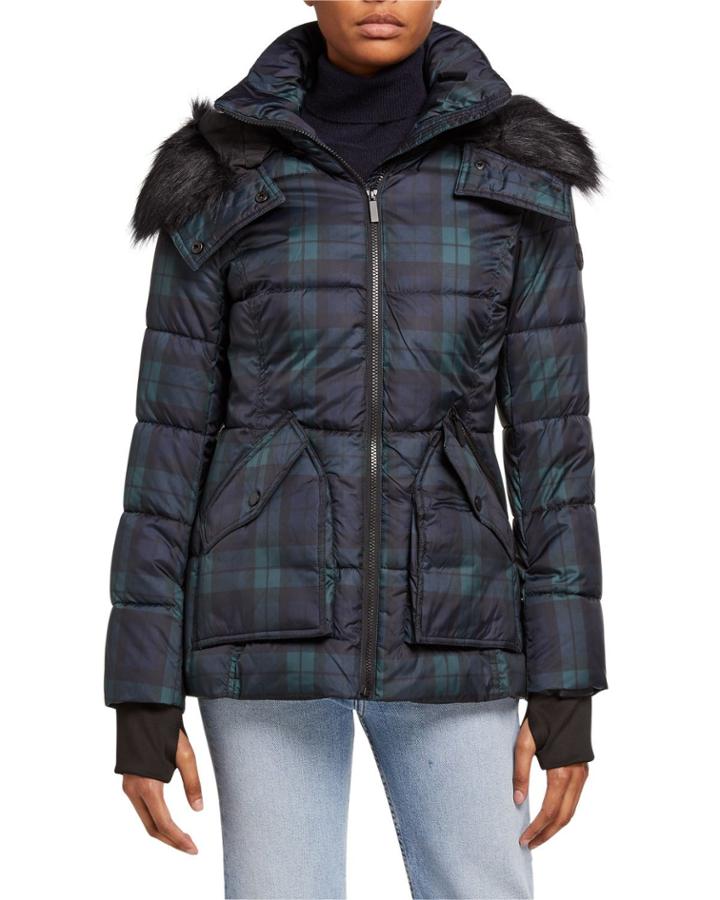 Plaid Puffer Faux Fur Hood Trim Coat