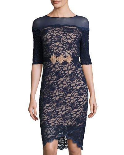 Illusion-neck Lace-overlay Dress, Navy