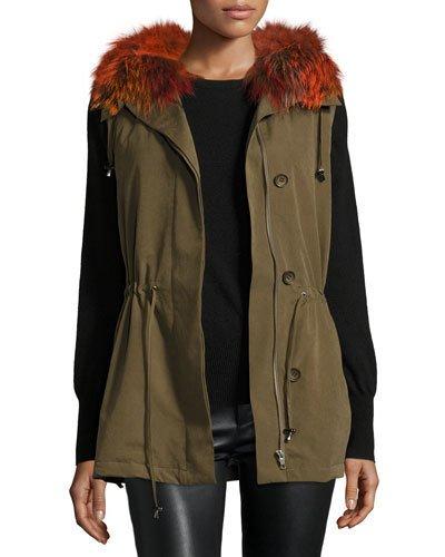 Milt Hooded Fox-trim Vest, Green