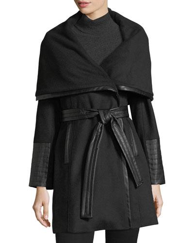 Faux-leather Trimmed Wool Wrap Coat