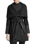Faux-leather Trimmed Wool Wrap Coat