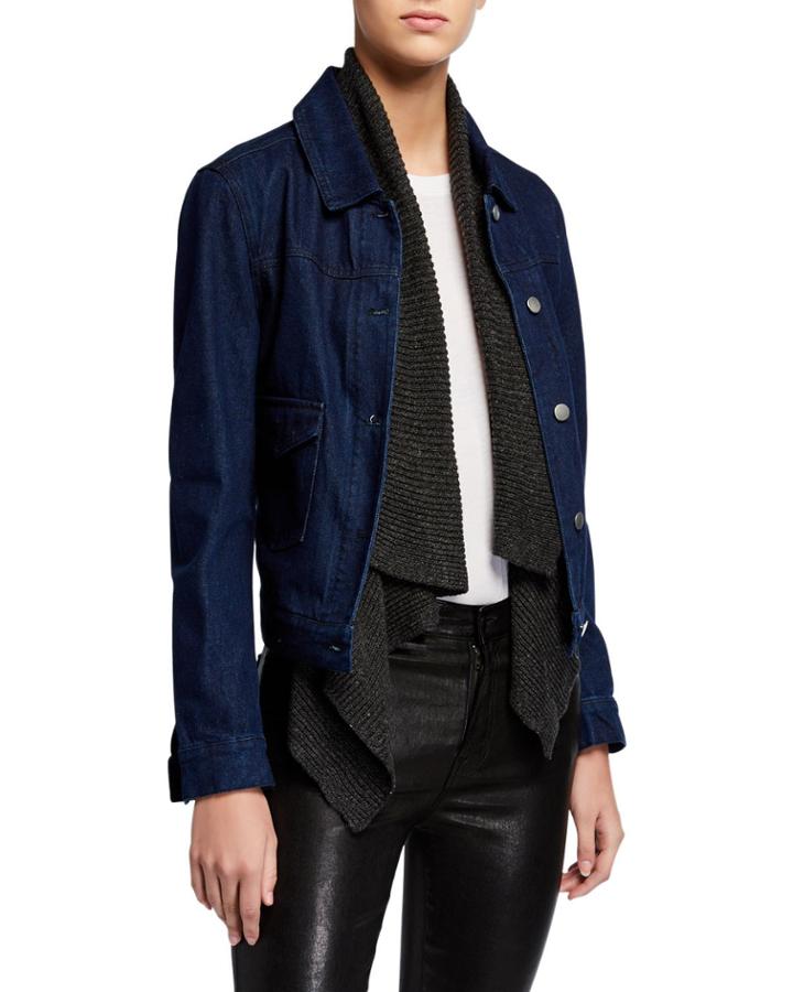 Knit Drape-collar Denim Jacket
