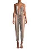 Tie-shoulder Geometric-striped Jumpsuit