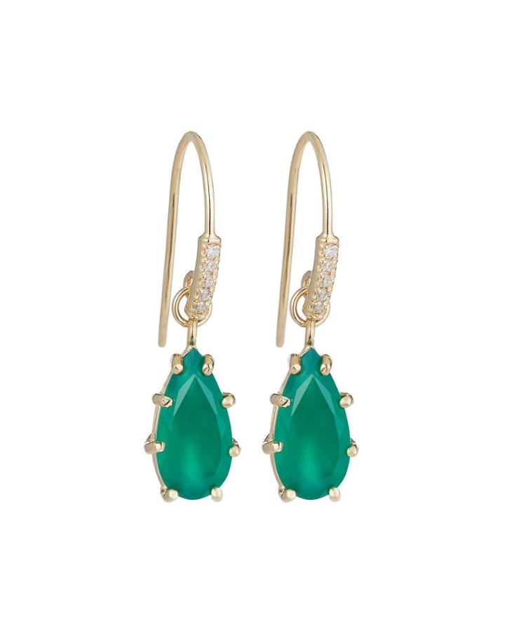 14k Green Onyx Pear Drop Earrings W/ Diamonds
