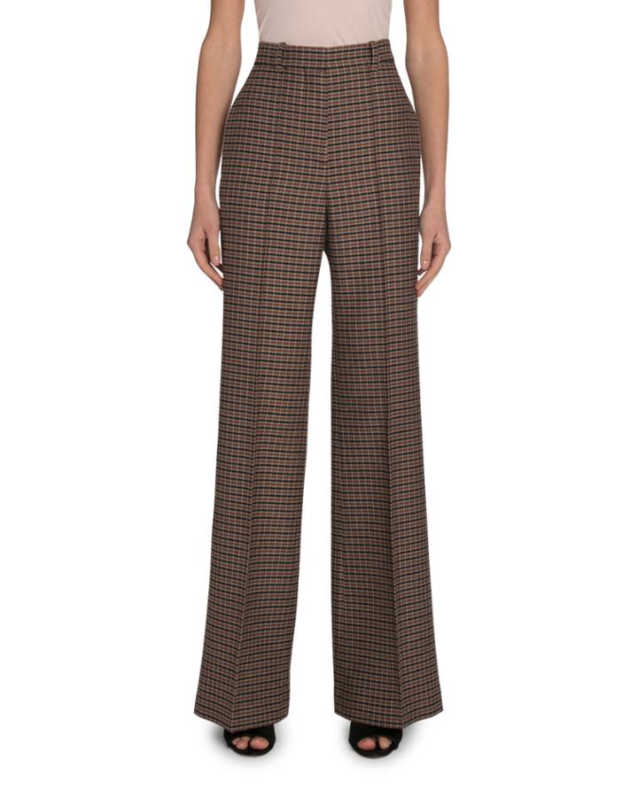 Checked Wool High Rise Wide-leg Pants
