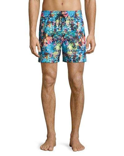 Ocean-print Swim Trunks, Blue Pattern
