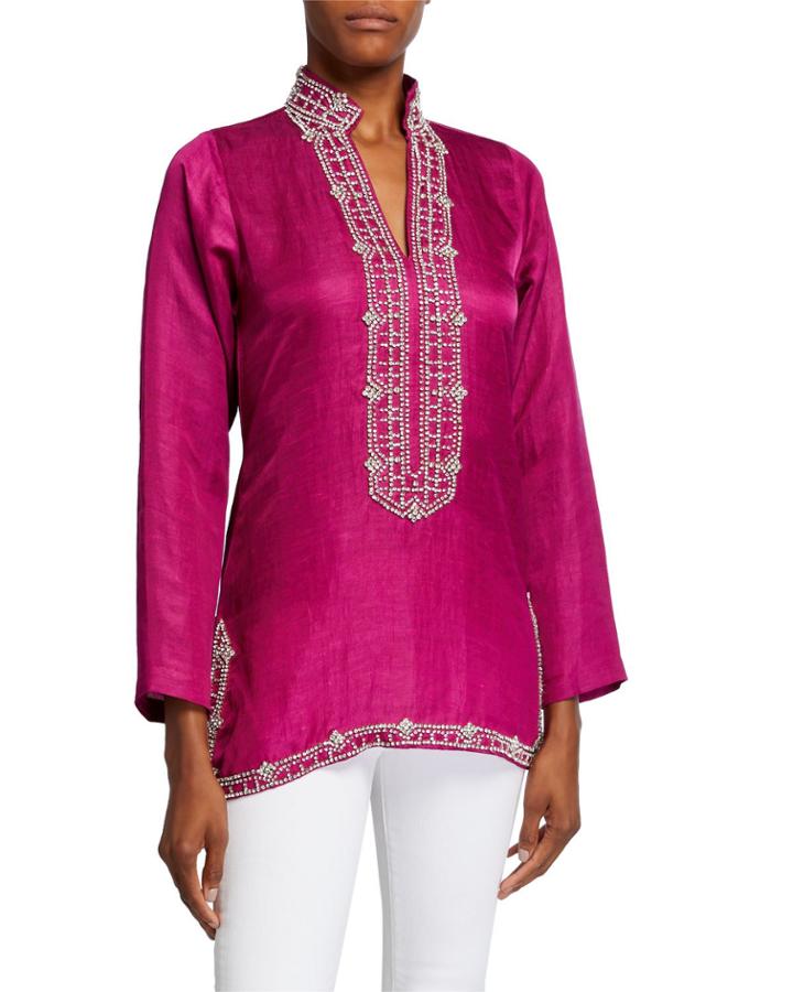 Marilyn Jewel-trim V-neck Tunic With Mandarin Collar