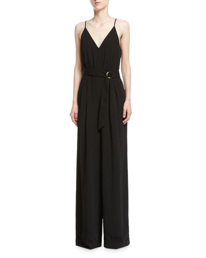 V-neck Crepe Sleeveless Slip Jumpsuit, Black