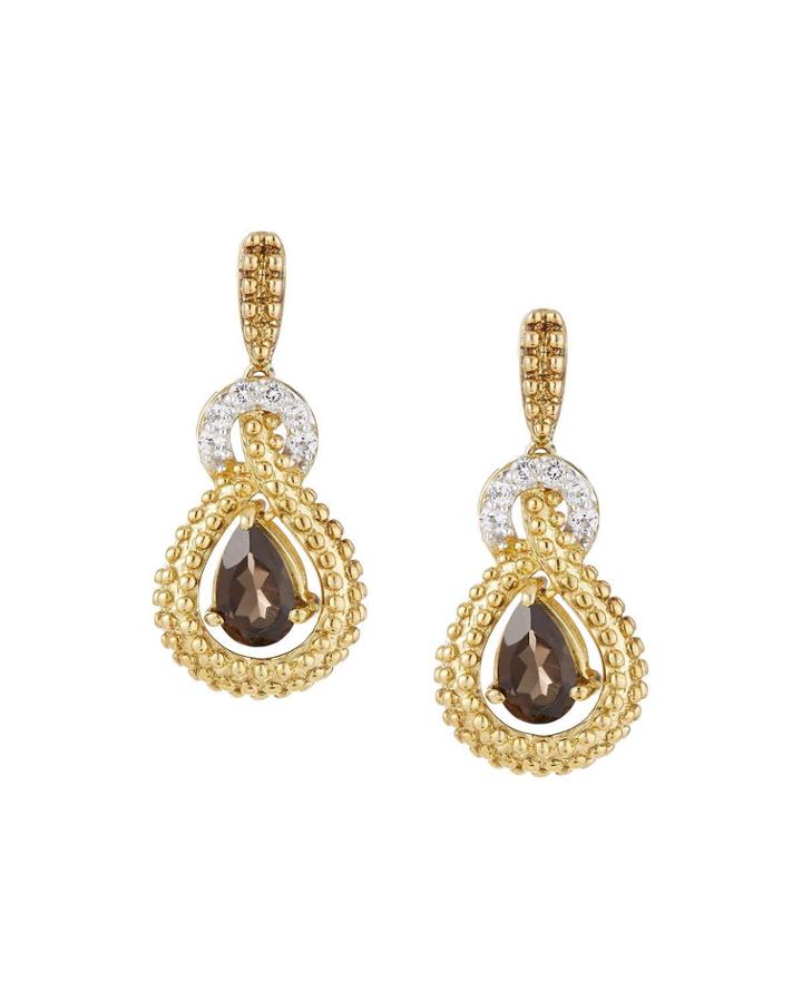 Smoky Quartz Pear Drop Earrings, Golden
