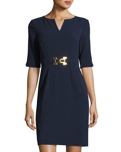 Half-sleeve Dress W/buckle Detail, Navy