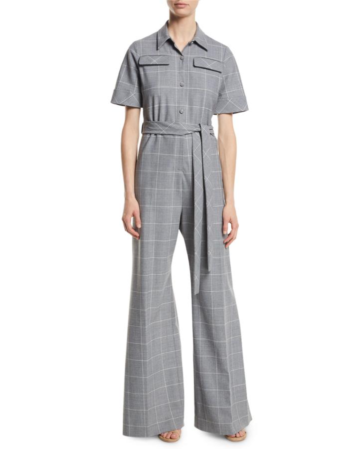 Short-sleeve Belted Windowpane Check Wide-leg Wool-blend Jumpsuit
