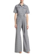 Short-sleeve Belted Windowpane Check Wide-leg Wool-blend Jumpsuit