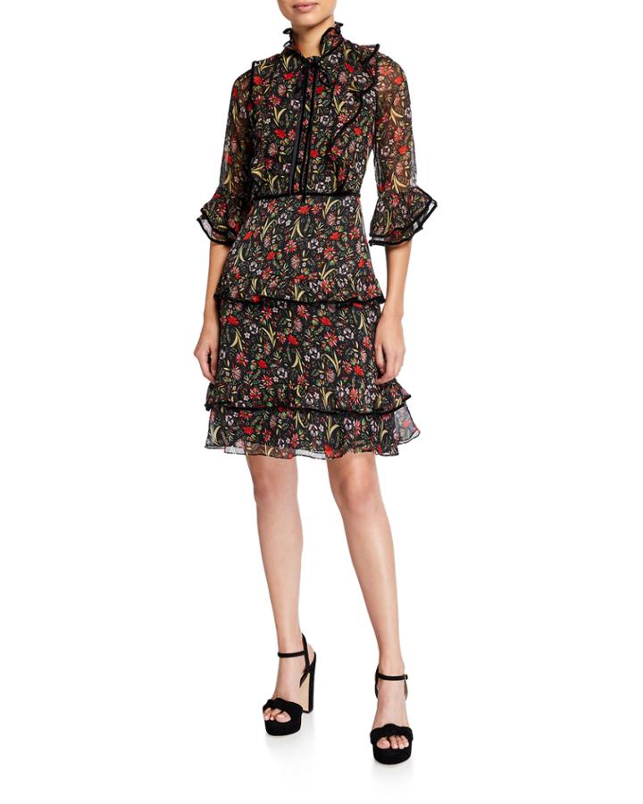3/4-sleeve Ruffle Tier Dress