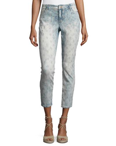 Embellished Skinny Cropped Jeans, Patchwork Wash