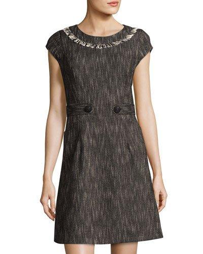 Fringe-trim Cap-sleeve Fit & Flare Dress, Black/white
