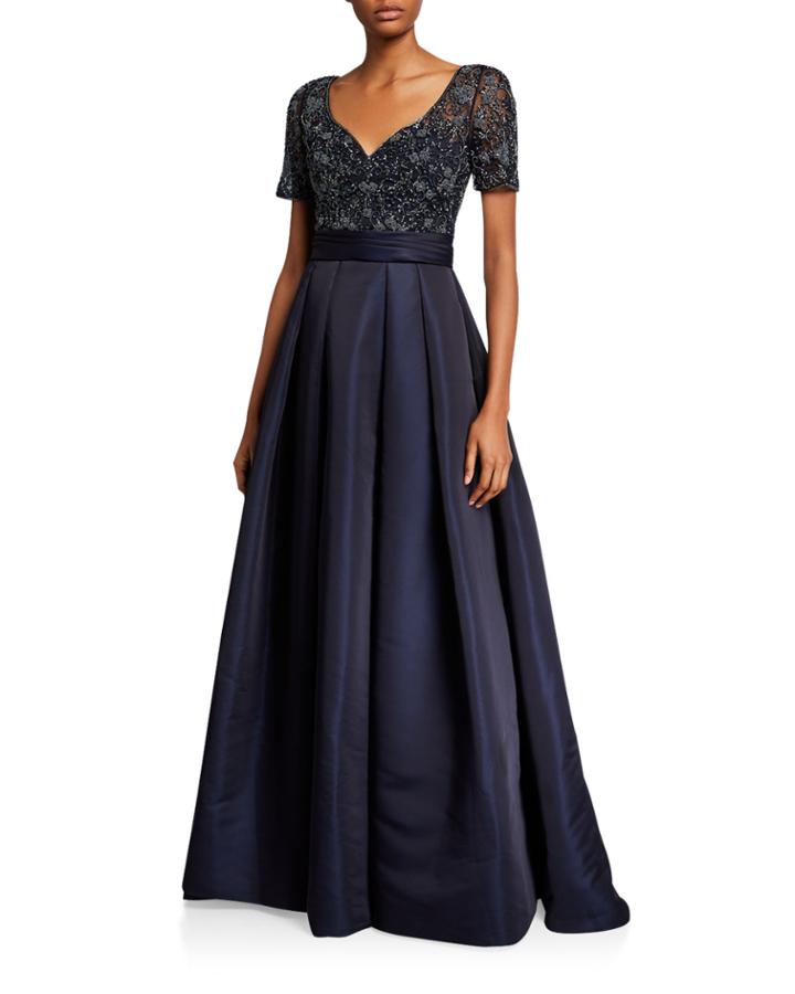 Beaded Bodice V-neck Short-sleeve Gown W/ Duchess