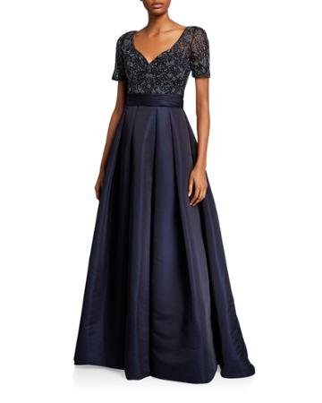 Beaded Bodice V-neck Short-sleeve Gown W/ Duchess