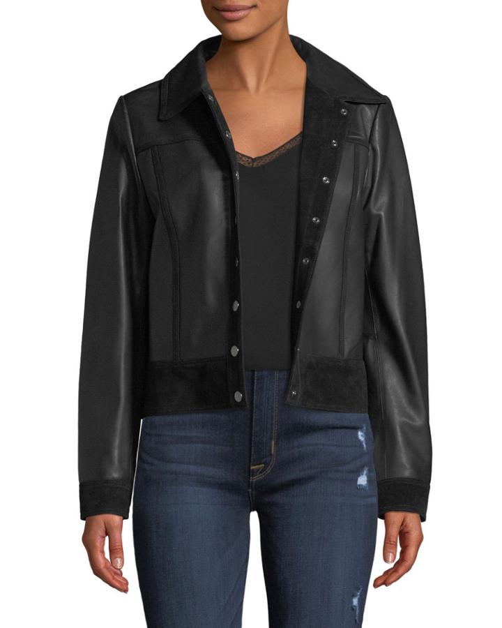 Snap-front Suede-trim Leather Trucker Jacket