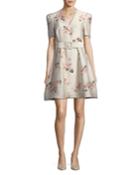 V-neck Short-sleeve Belted Fit-and-flare Floral Jacquard Dress