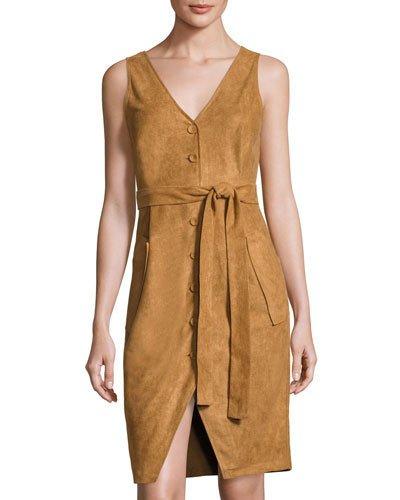 Button-down Faux-suede Waist-tie Dress, Brown