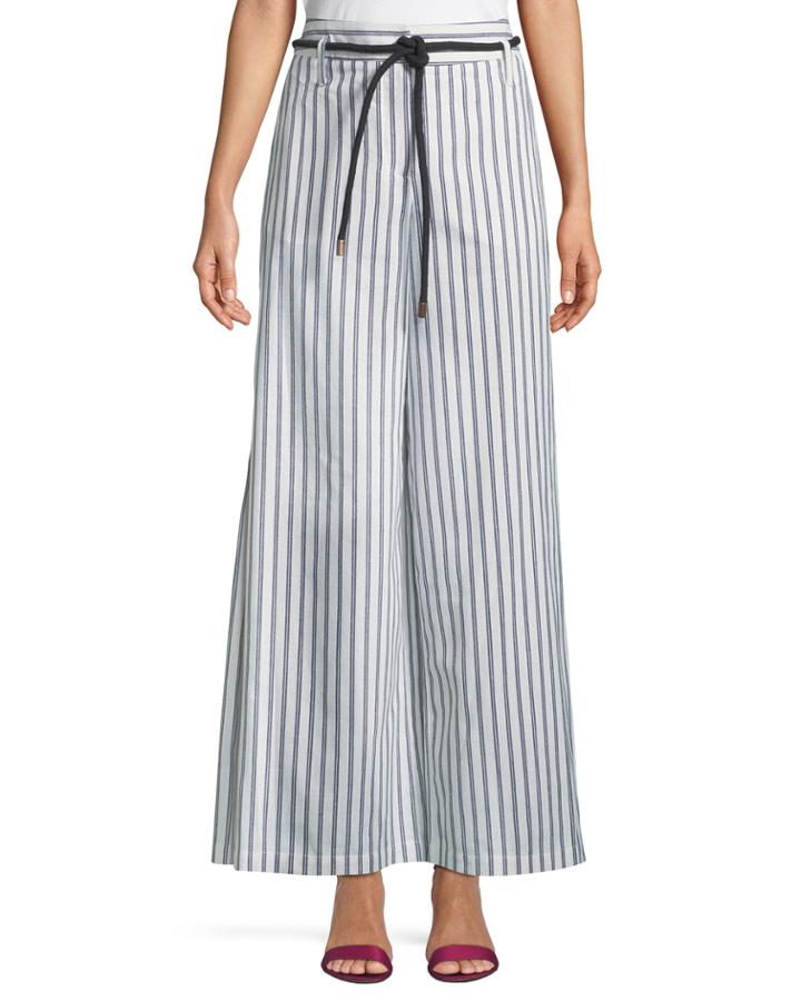 Side-slit Wide-leg Striped Pants W/ Rope Belt