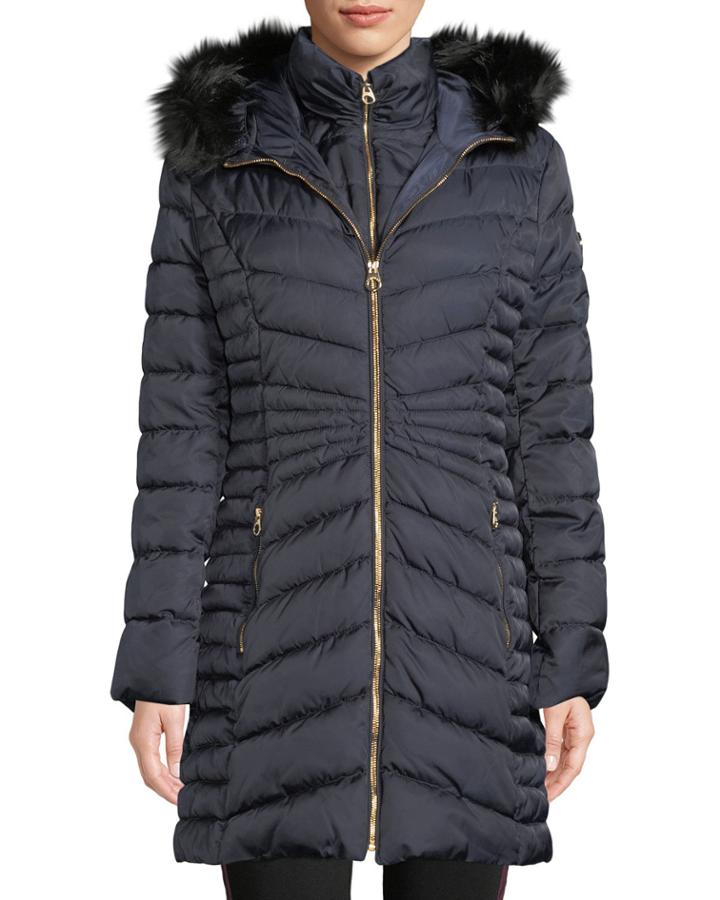 Faux Fur-trim Hooded Puffer Coat W/ Bib
