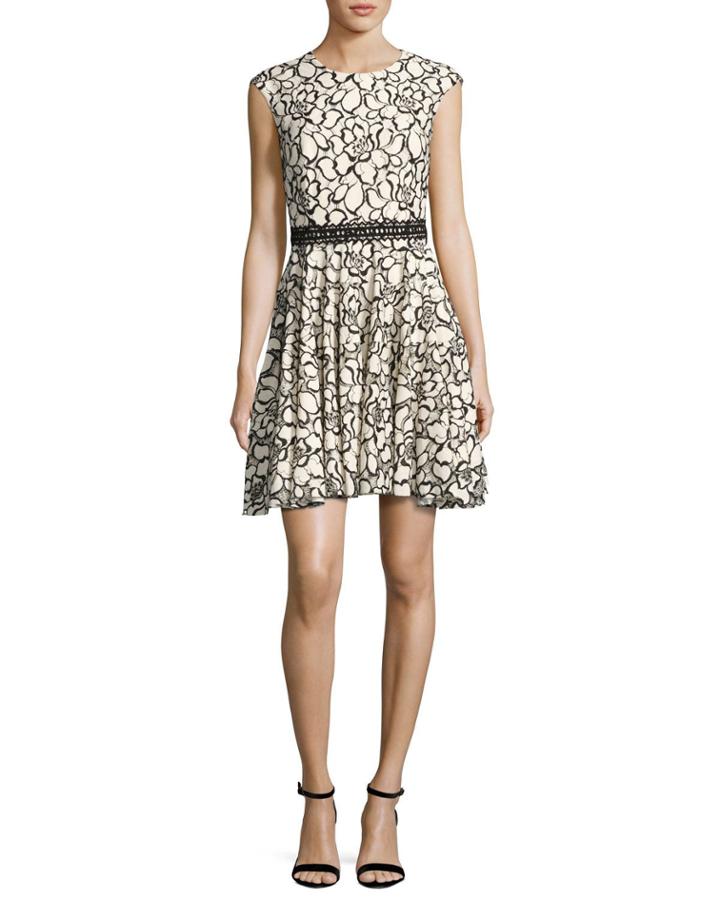 Floral Lace Cap-sleeve Dress, White/black