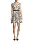 Floral Lace Cap-sleeve Dress, White/black
