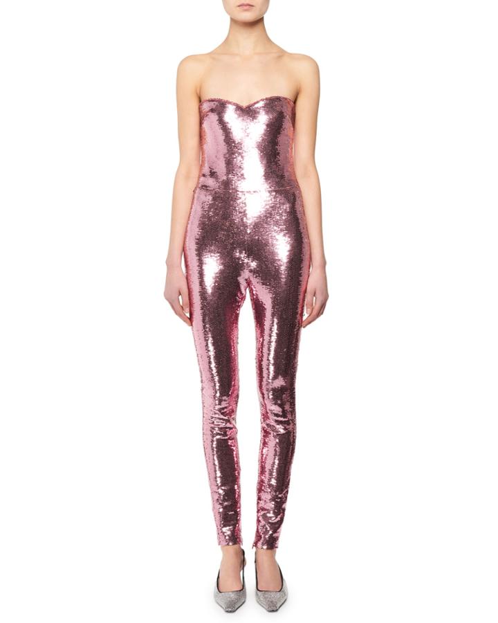 Strapless Fitted Sequin Leather Jumpsuit