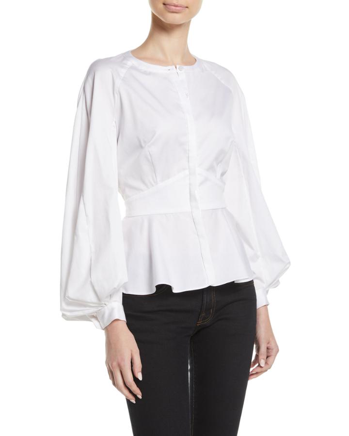 Pleated-sleeve Collarless Button-front Fitted Cotton Blouse