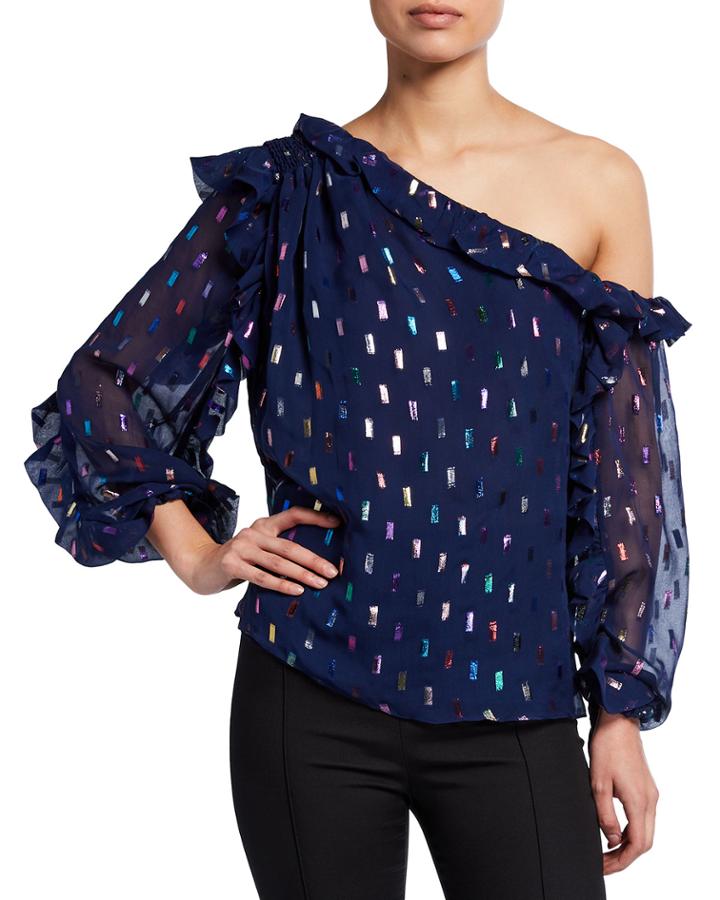 One-shoulder Metallic Chiffon Blouse
