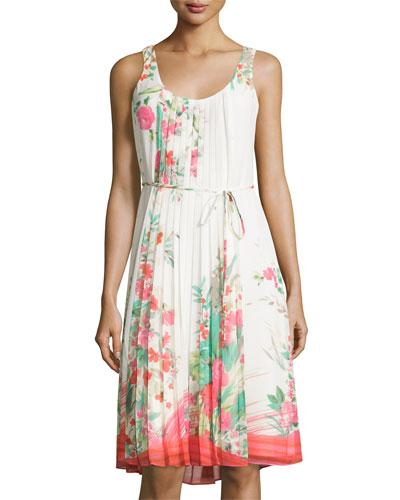 Sleeveless Pleated Floral-print Tank Dress, Geranium Print
