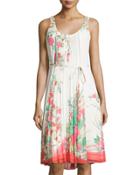 Sleeveless Pleated Floral-print Tank Dress, Geranium Print