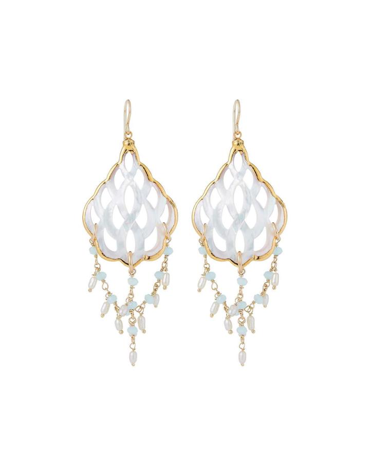Mother-of-pearl Filigree & Aqua Dangle Earrings