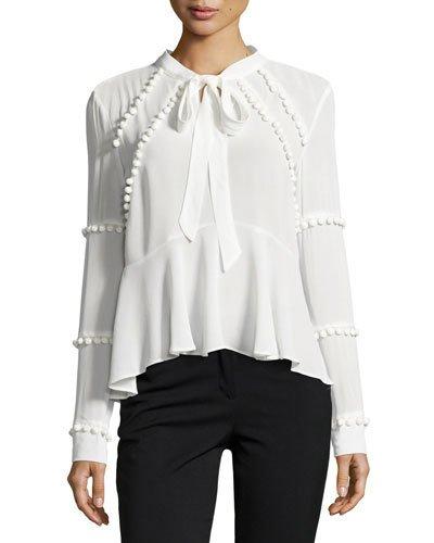 Pompom Self-tie Flare Blouse