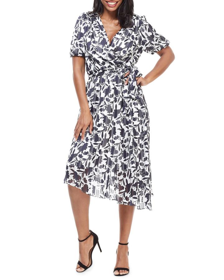 Floral Blouson-sleeve Self-tie Wrap Dress